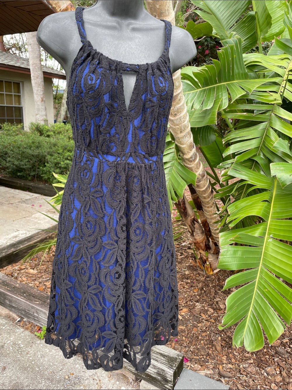 black and royal blue lace halter look dress